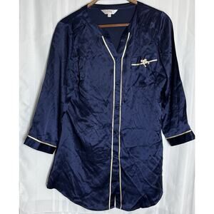 100% Chinese Mulberry Silk Navy Blue Women’s Long Sleepshirt 3/4 Sleeves JinRou